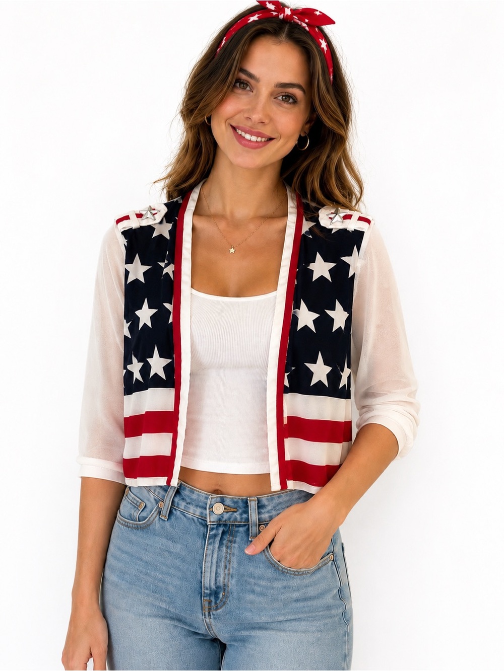 Patriotic Stars & Stripes Lightweight Cardigan - Red White Blue/4th of July